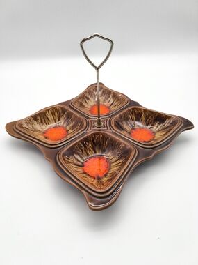 1970s Japanese Ceramic 4-Divided Relish Tray - Orange Lava Glaze, Chrome Handle